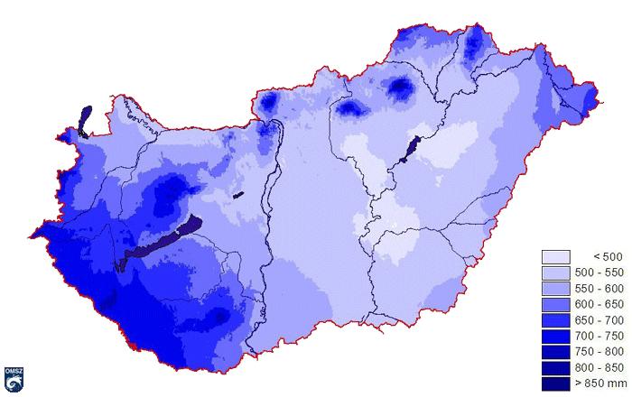 17. ábra: Az évi átlagos csapadékösszeg