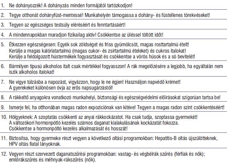 Az Európai Rákellenes Kódex ajánlása a rákkockázat