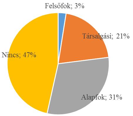 esetében nincs tanulmányi cél, 2 fő pedig nem válaszolt). A végzettségeket tekintve a megkérdezettek 33%-a rendelkezett érettségivel (22,7 év az átlagéletkoruk) és 3%-a diplomával (29,75 év).