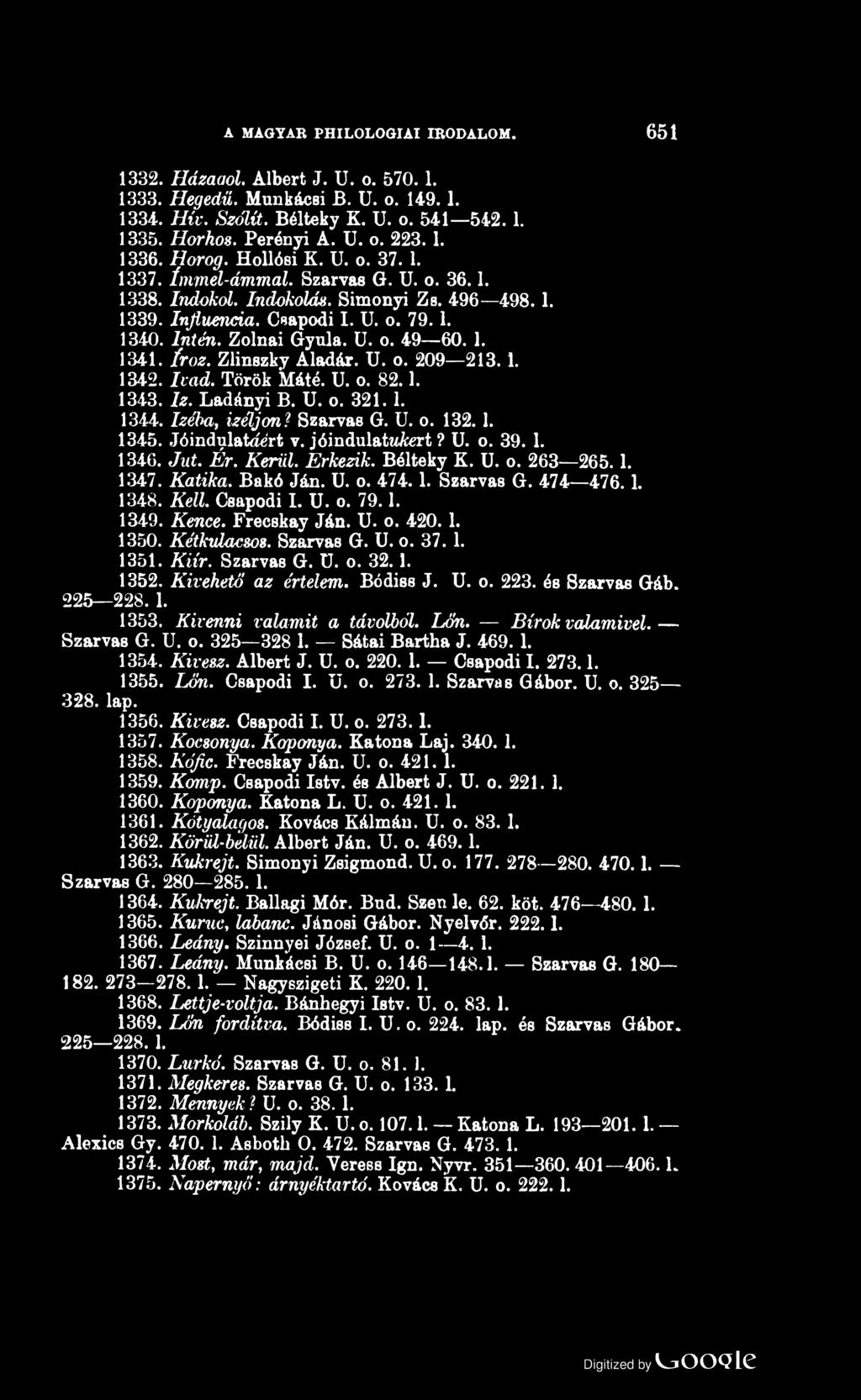 A MAGYAR PHILOLOGIAI IRODALOM. 651 1332. Házaaol. Albert J. U. o. 570.1. 1333. Hegedű. Munkácsi B. U. o. 149.1. 1334. Hív. Szólít. Bélteky K. U. o. 541 542.1. 1335. Horhos. Perényi A. U. o. 223.1. 1336.
