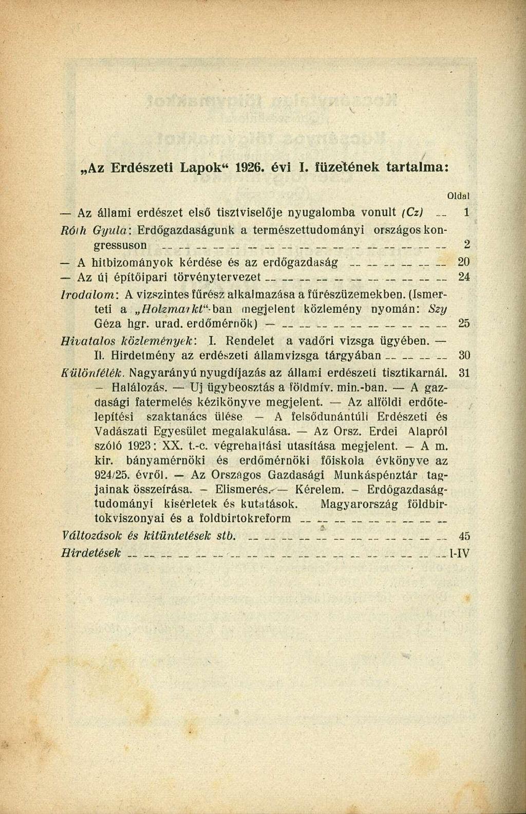 Az Erdészeti Lapok" 1926. évi I.