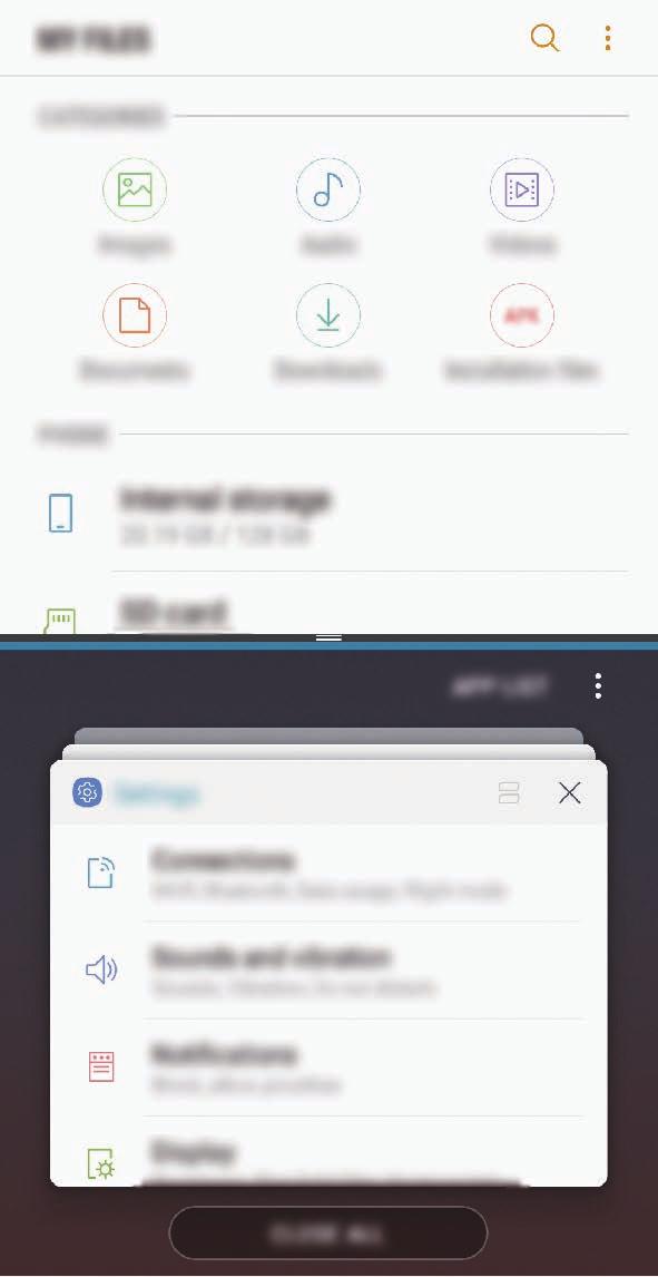 Osztott képernyős nézet 1 Érintse meg a Legutóbbi alkalmazások gombot a legutóbbi alkalmazások listájának megnyitásához.