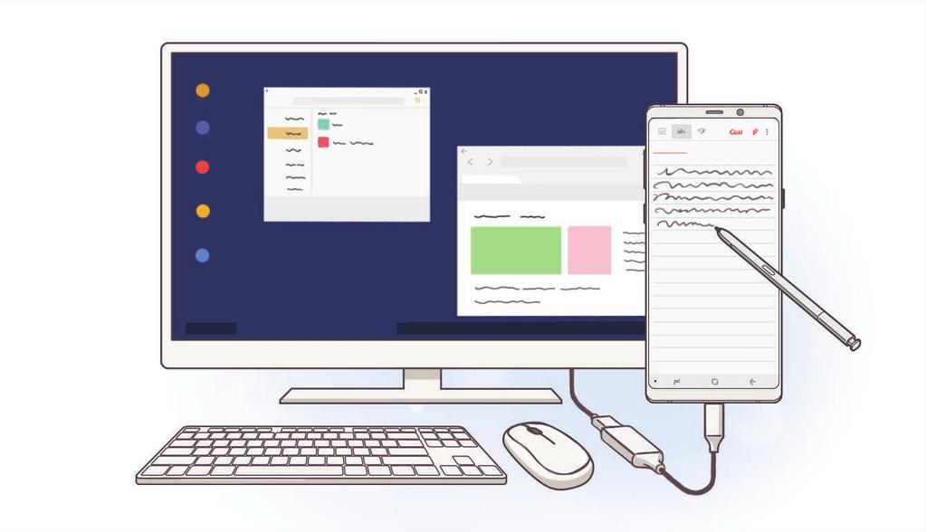 Samsung DeX Bevezető A Samsung DeX egy olyan szolgáltatás, amely lehetővé teszi, hogy külső kijelzőhöz, például TV-hez vagy monitorhoz történő csatlakoztatással számítógépként használja az