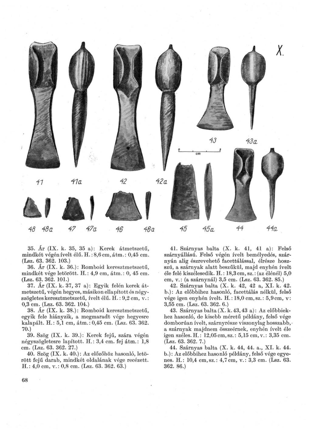 35. Ár (IX. к. 35, 35 a): Kerek átmetszetű, mindkét végén ívelt élű. H. : 8,6 cm, átm. : 0,45 cm. (Lsz. 63. 362. 103.) 36. Ár (IX. k. 36.): Romboid keresztmetszetű, mindkét vége letörött. H. : 4,9 cm, átm.