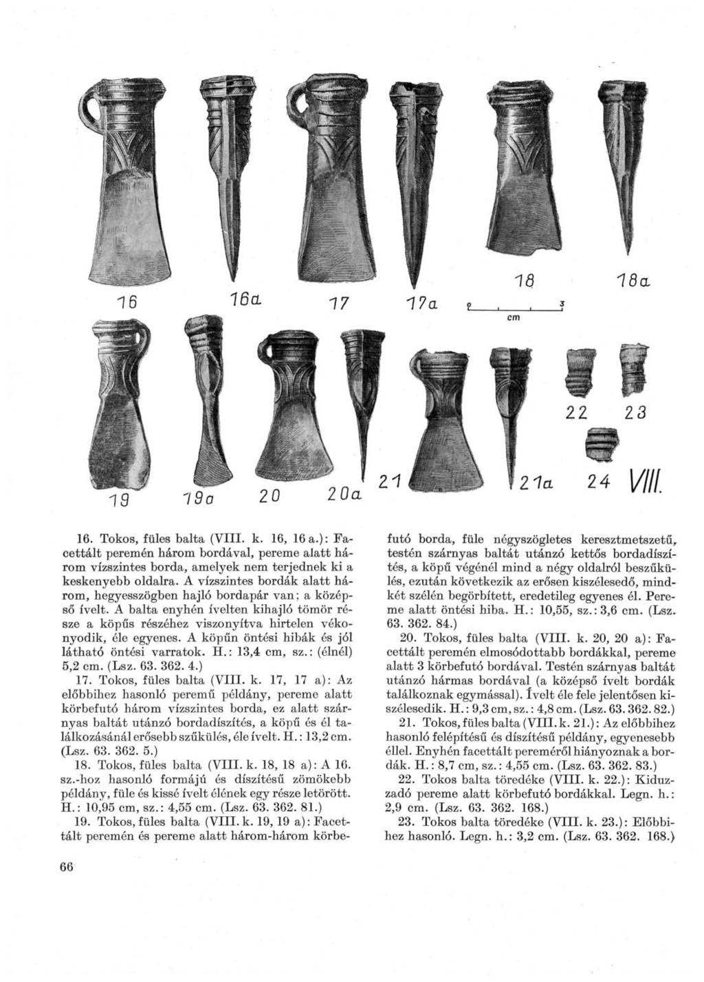 16. Tokos, füles balta (VIII. к. 16, 16 a.): Facettalt peremén három bordával, pereme alatt három vízszintes borda, amelyek nem terjednek ki a keskenyebb oldalra.