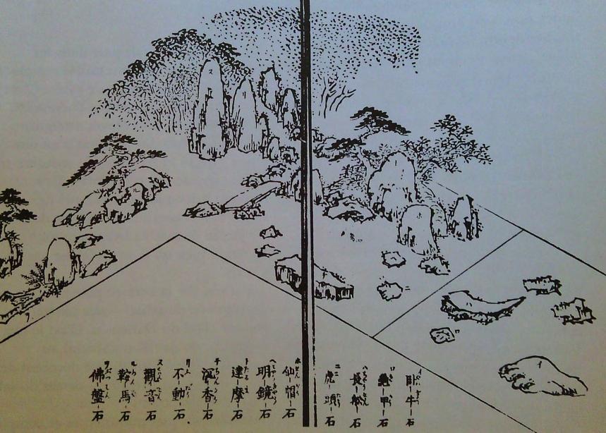 Ezt a tagolást hordozza a Daitokuji kolostor Daisenin templomának 1513-körül elkészült kertje 104 is: a vízesés 2,2m magas tömbjei, a Teknőc sziget, a Daru-sziget, leghíresebb köve, a közel 1m-es