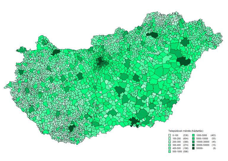 hálózattelepítést jelentősen befolyásoló településméret és háztartássűrűség értékek vizsgálatával végeztem. [241] A különböző méretű és háztartássűrűségű települések területi megoszlását a 12. és 13.