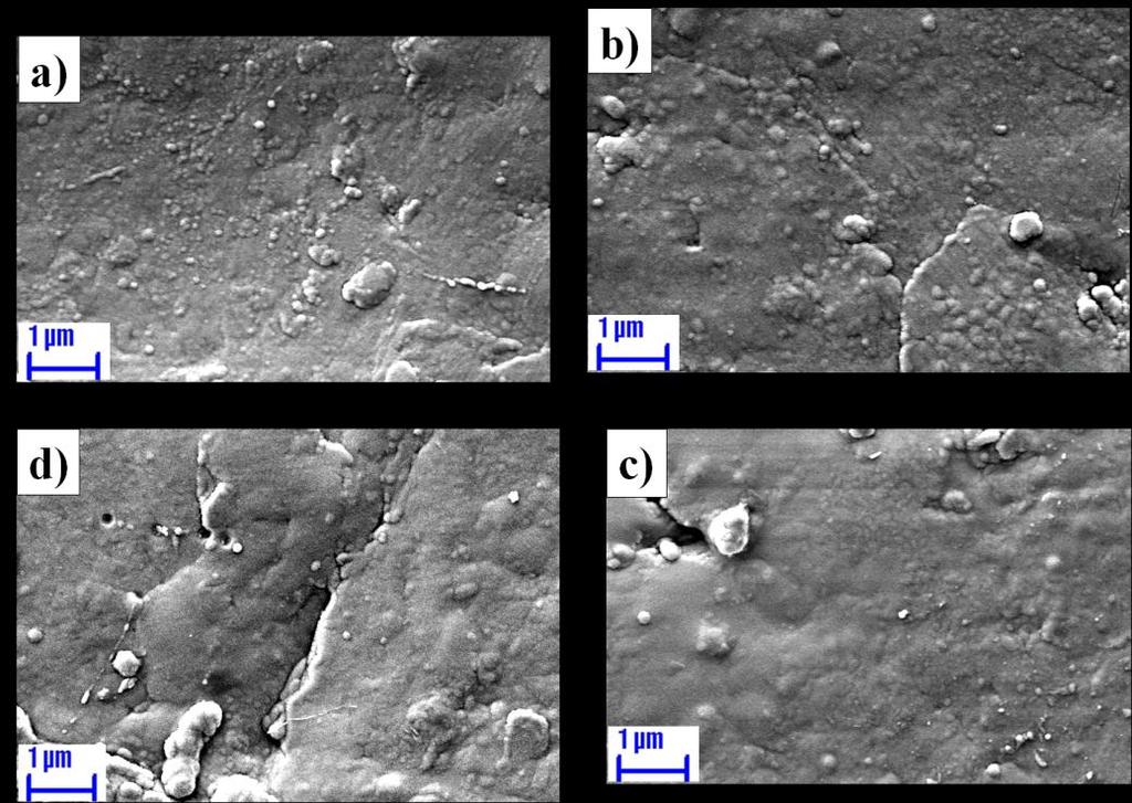 32. ábra: SEM felvételek a TiC/a:C réteggel bevont CoCrMo hordozóról a) korróziós vizsgálatok előtt, b) 0,5 M NaCl oldatban végzett vizsgálat után, c) 0,1 M HCl oldatban és d) 0,1 M NaOH oldatban