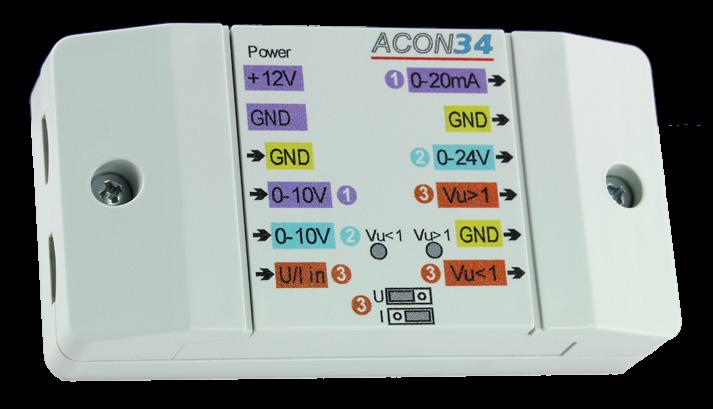 Analóg jelátalakító ACON34 ACON34 DL-BC2 Ez az eszköz arra szolgál, hogy az UVR szabályzók és más gyártók eszközei illetve ipari szenzorok között a jeleket átalakítsa. Különböző jelszinteket ill.