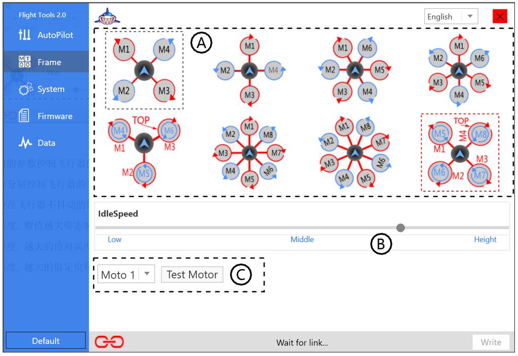 Mixer types and output 1. Choose different mixer type. Válaszd ki a motor elosztást 2. Set idle speed. Állítsd be az alapjáratot. 3. Test the output of motors.