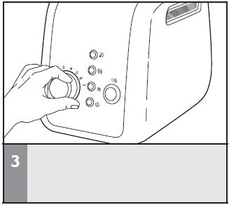 Helyezze a kenyeret vagy más szeletet a pirító nyílásaiba Tekerje a tónus gombot a kívánt sötétségi szint kiválasztásához. jobbra tekerve sötétebb, balra állítva világosabb színt érhet el.