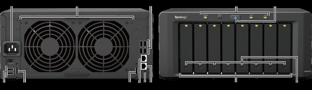 A Synology DiskStation áttekintése Sz. Cikk neve Hely Leírás 1) Tápfeszültség gomb Elülső panel A főkapcsoló gomb a Synology DiskStation be- és kikapcsolására szolgál.