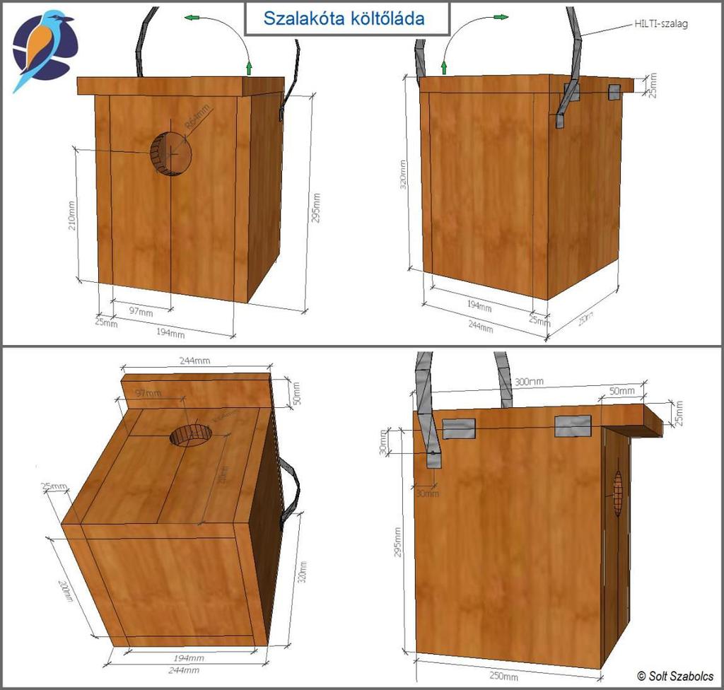 A szalakóták számára leggyakrabban kihelyezett odútípus a 25 mm vastagságú fadeszkából készült, 64 mm röpnyílással rendelkező D-típusú költőláda: Szerkesztette: Solt Szabolcs Bár az odúk készítésére