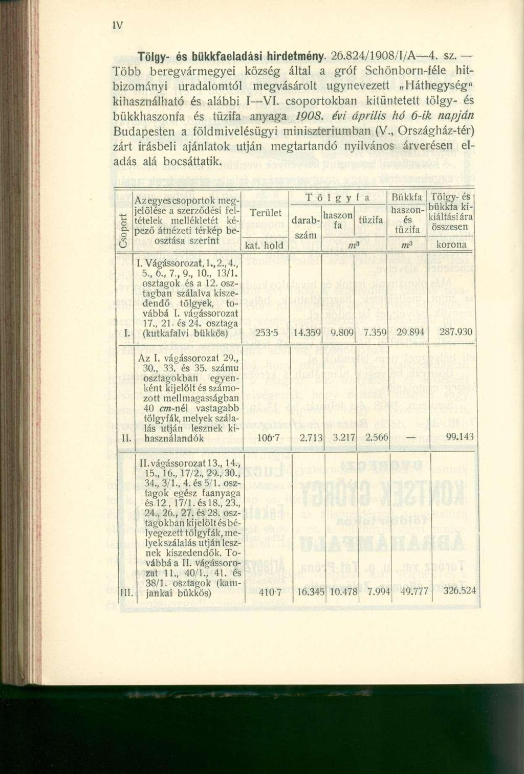 Tölgy- és bükkfaeladási hirdetmény. 26.824/1908/I/A 4. sz.