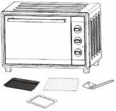 1 - Knob for adjusting temperature. 2 - Knob for selecting the function. 3 - Knob for setting baking time 4 - Functioning pilot light. 5 - Baking tin. 6 - Grill. 7 - Tong for Baking tin / grill.
