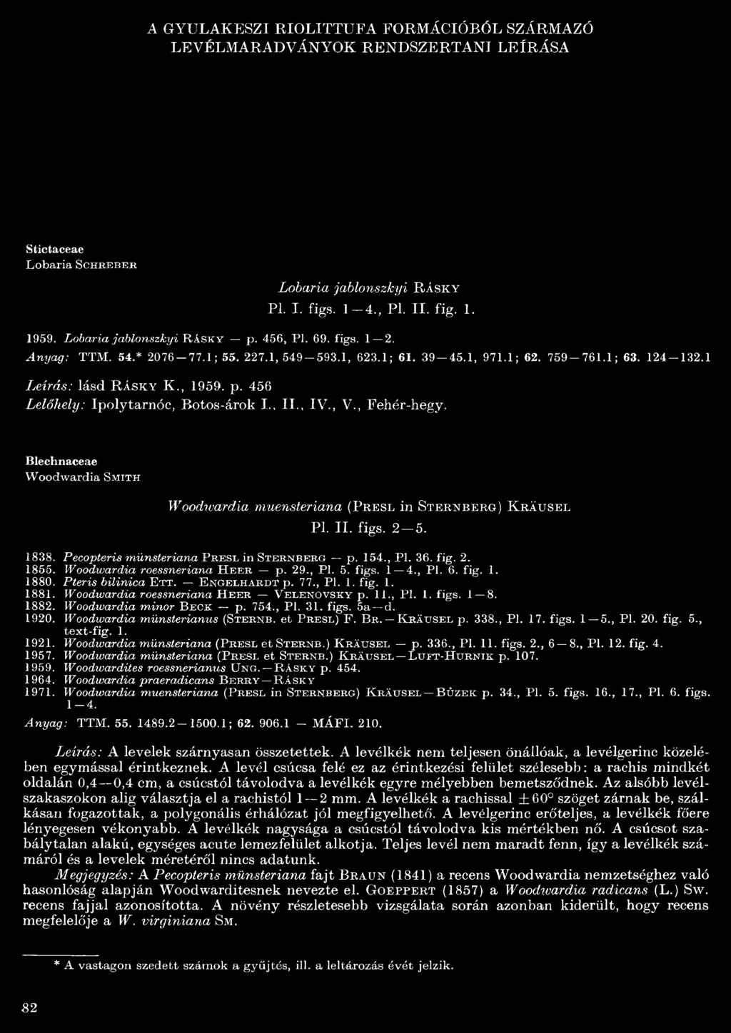 .. II., IV., V., Fehér-hegy. Blechnaceae Woodwardia Sm it h Woodwardia muensteriana (Presl in Sternberg) K räusel Pl. II. figs. 2-5. 838. Pecopteris münsteriana P r e s l in St e r n b e r g p. 54.