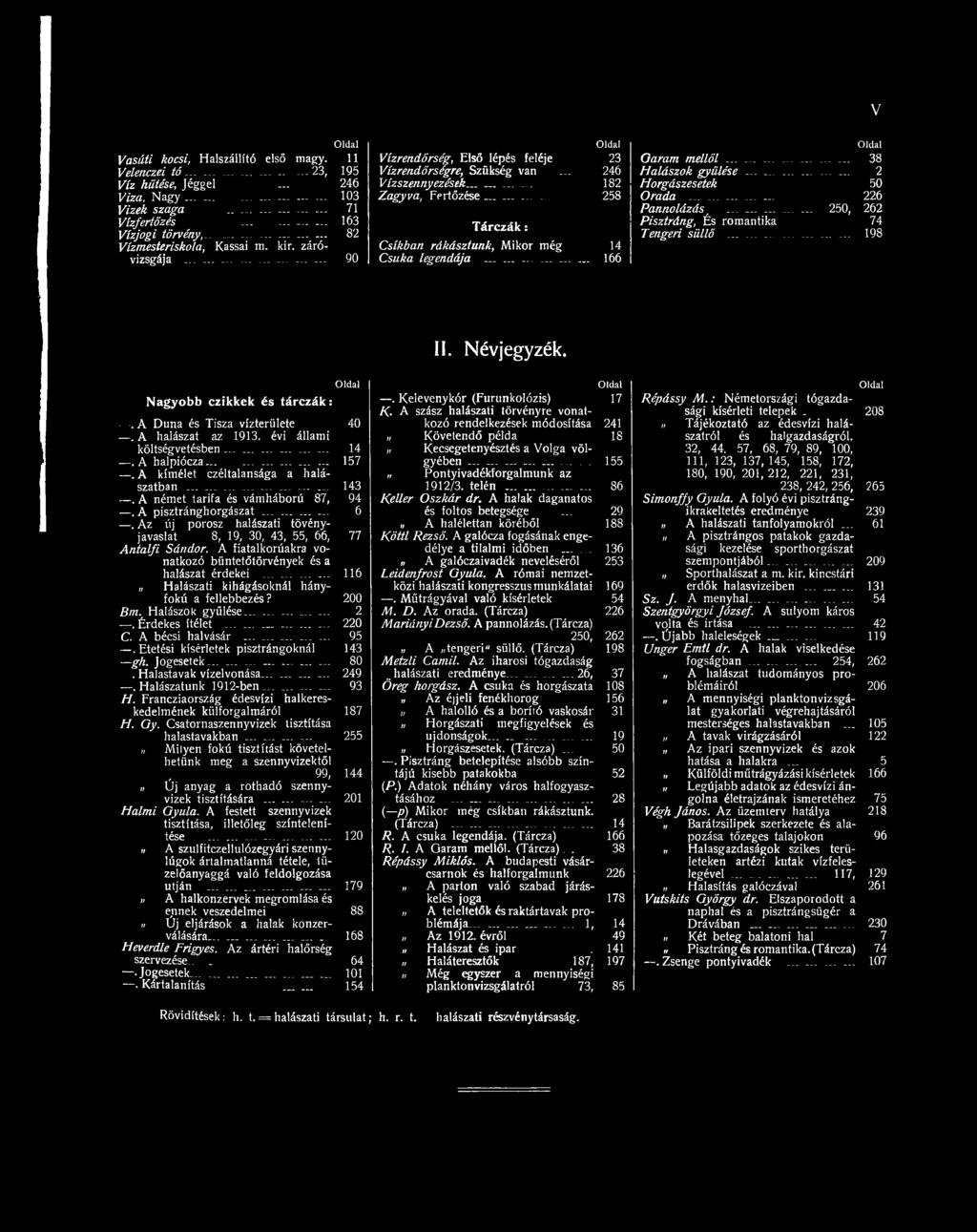 A pisztránghorgászat 6. Az új porosz halászati tövényjavaslat 8, 19, 30, 43, 55, 66, 77 Antalfi Sándor. A fiatalkorúakra vonatkozó büntetőtörvények és a halászat érdekei _.