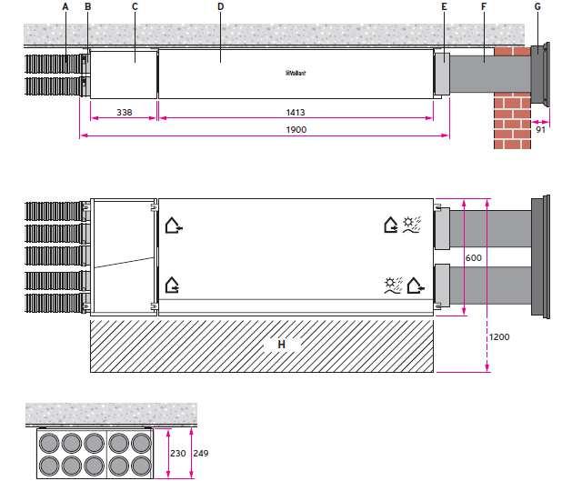 5.2 Falra vagy mennyezetre szerelhető recovair VAR 150/4 A recovair VAR 150/4 készülékverziókat vízszintesen lehet a mennyezet alatt vagy függőlegesen a falra szerelni.