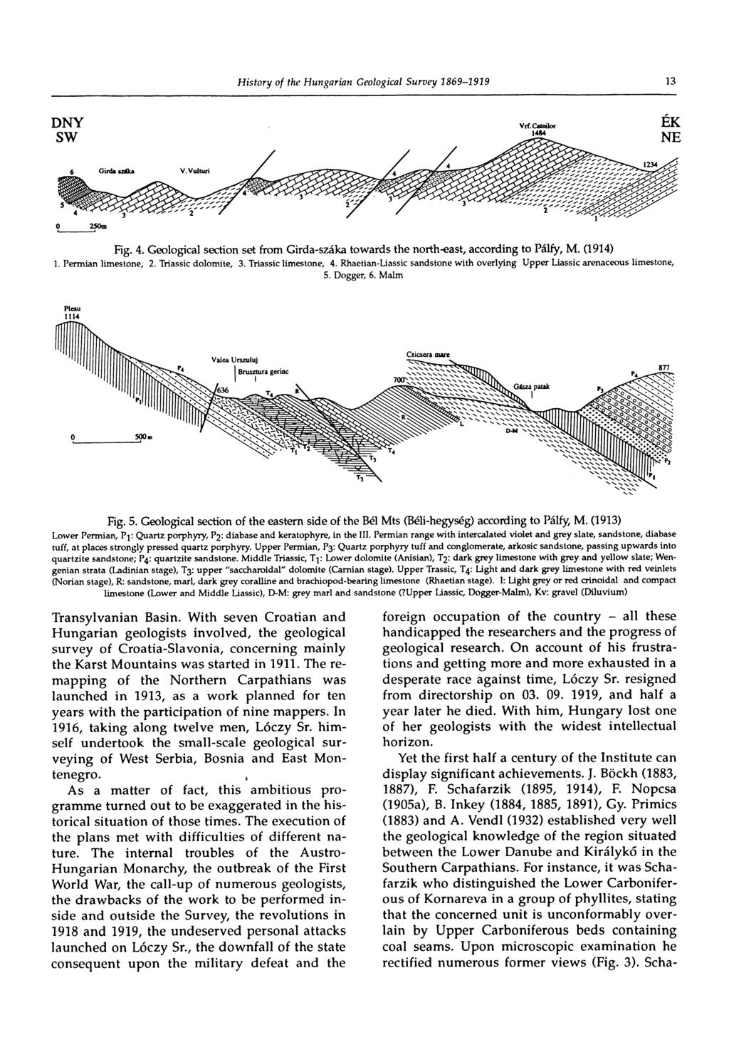 13 Fig. 4. Geological section set from Girda-száka towards the north-east, according to Pálfy, M. (1914) 1. Permian limestone, 2. Triassic dolomite, 3. Triassic limestone, 4.