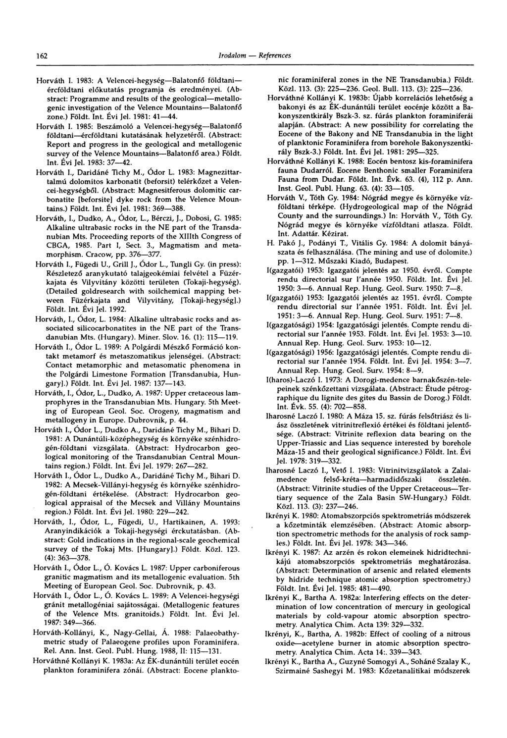 162 Horváth 1. 1983: A Velencei-hegység Balatonfő földtani ércföldtani előkutatás programja és eredményei.
