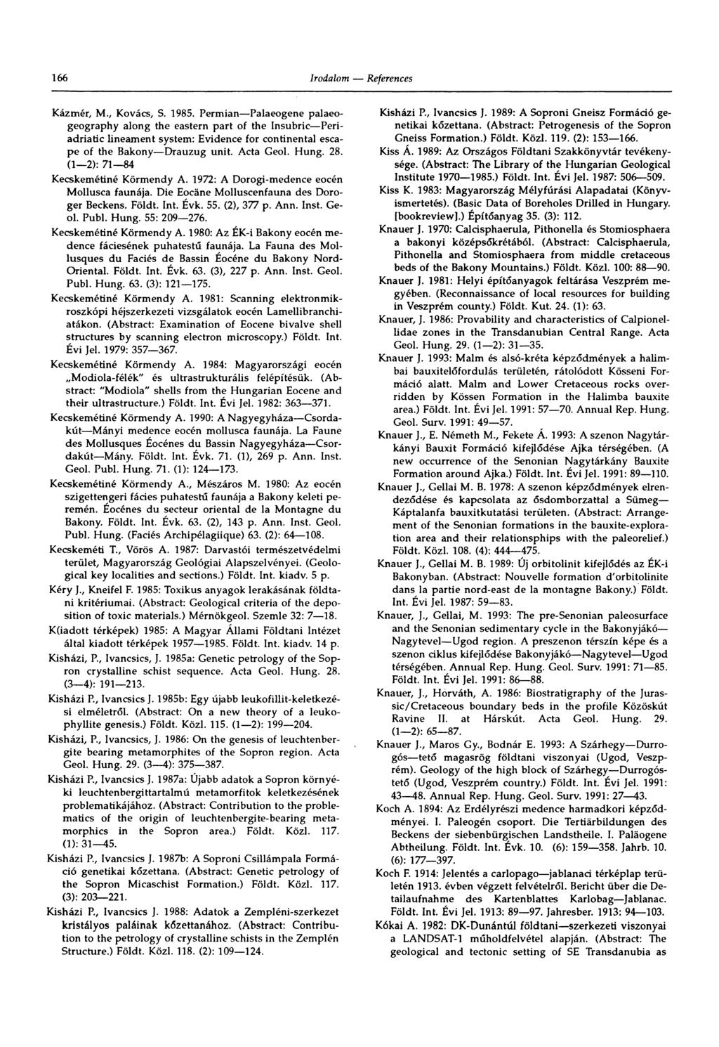 166 Kázmér, M., Kovács, S. 1985. Permian Palaeogene palaeogeography along the eastern part of the Insubric Periadriadc lineament system: Evidence for continental escape of the Bakony Drauzug unit.