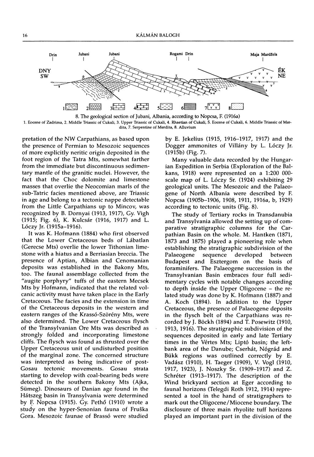 16 8. The geological section of Jubani, Albania, according to Nopcsa, F. (1916a) 1. Eocene of Zadrima, 2. Middle Triassic of Cukali, 3. Upper Triassic of Cukali, 4. Rhaetian of Cukali, 5.