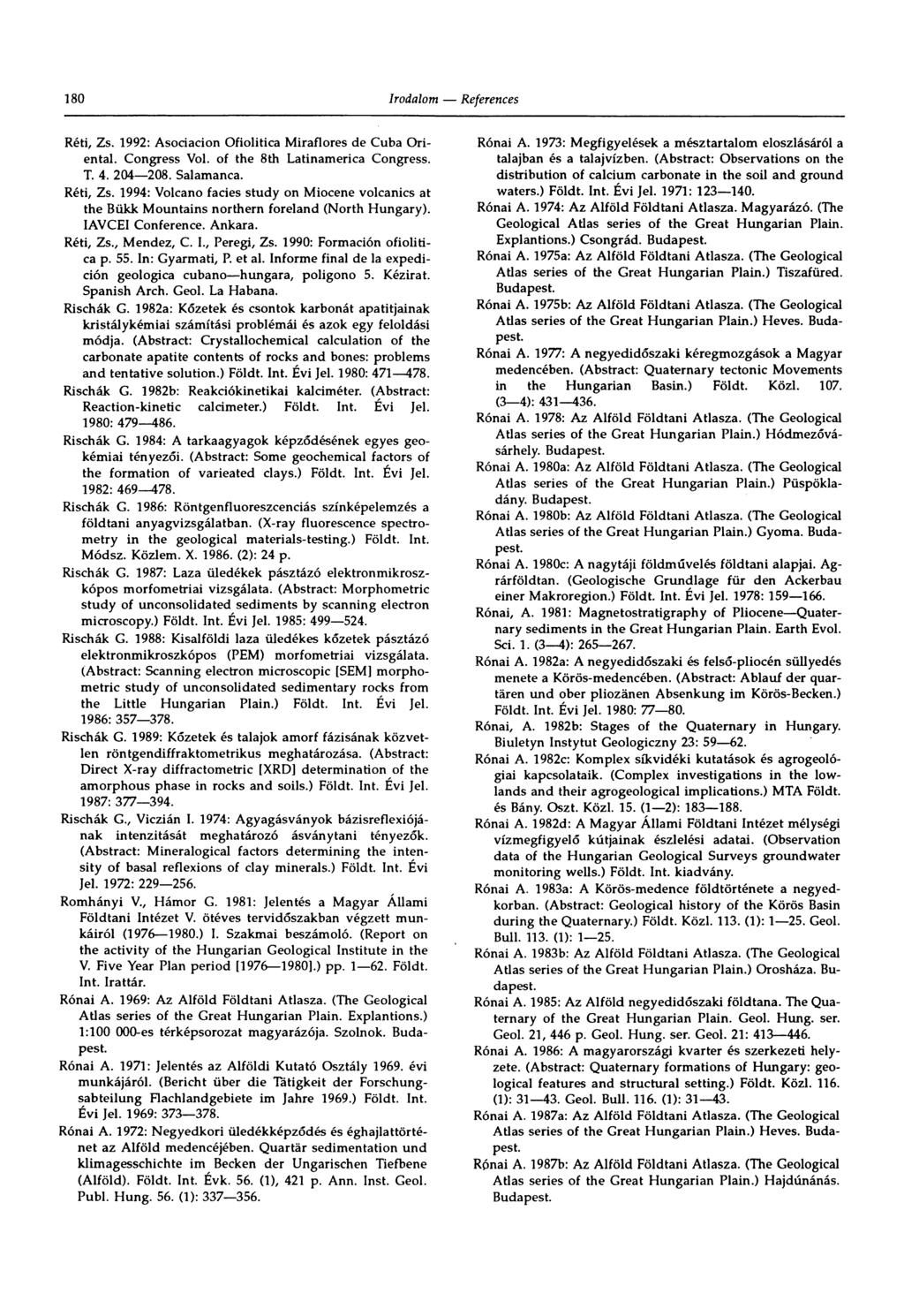 180 Réti, Zs. 1992: Asociacion Ofiolitica Miraílores de Cuba Oriental. Congress Vol. of the 8th Latinamerica Congress. T. 4. 204 208. Salamanca. Réti, Zs. 1994: Volcano facies study on Miocene volcanics at the Bükk Mountains northern foreland (North Hungary).