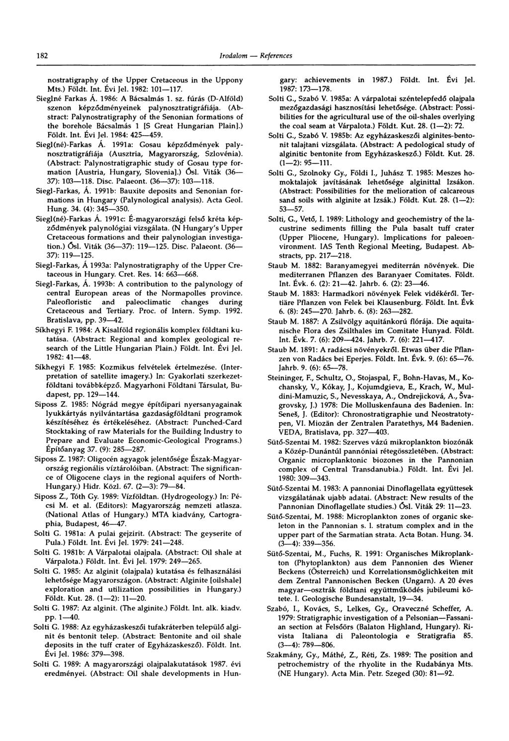 182 nostratigraphy of the Upper Cretaceous in the Uppony Mts.) Föidt. Int. Évi Jel. 1982: 101 117. Sieglné Farkas Á. 1986: A Bácsalmás 1. sz.