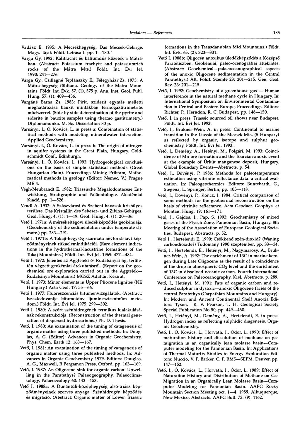 185 Vadász E. 1935: A Mecsekhegység. Das Mecsek-Gebirge. Magy. Tájak Földt. Leírása 1. pp. 1 180. Varga Gy. 1992: Kálitrachit és káliumdús kőzetek a Mátrában.