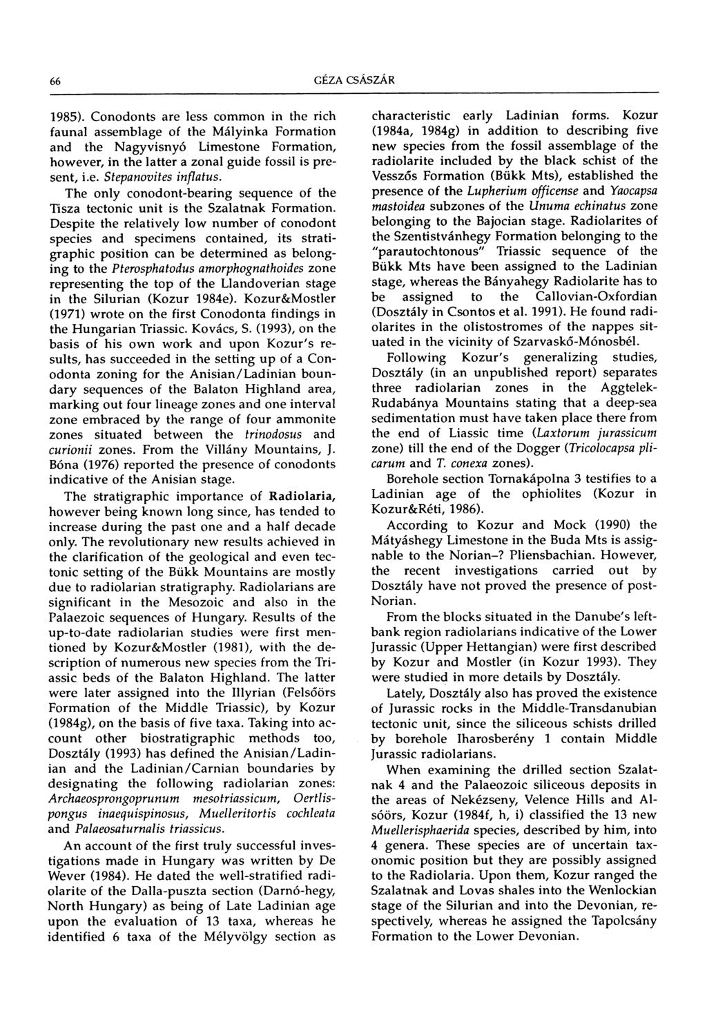 66 1985). Conodonts are less common in the rich faunal assemblage of the Mályinka Formation and the Nagyvisnyó Limestone Formation, however, in the latter a zona! guide fossil is present, i.e. Stephanovites inflatus.