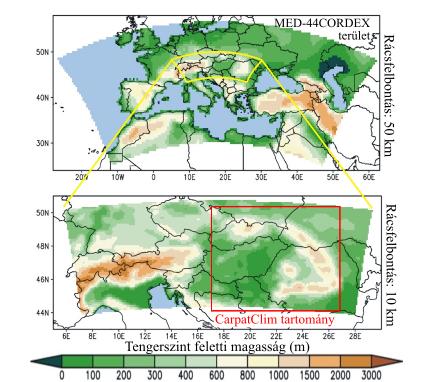 modell felhasználásával. A Kárpát-medence térségére fókuszáló modellfuttatásainkhoz első lépésként 50 km-es horizontális felbontással végzünk modellszimulációkat.