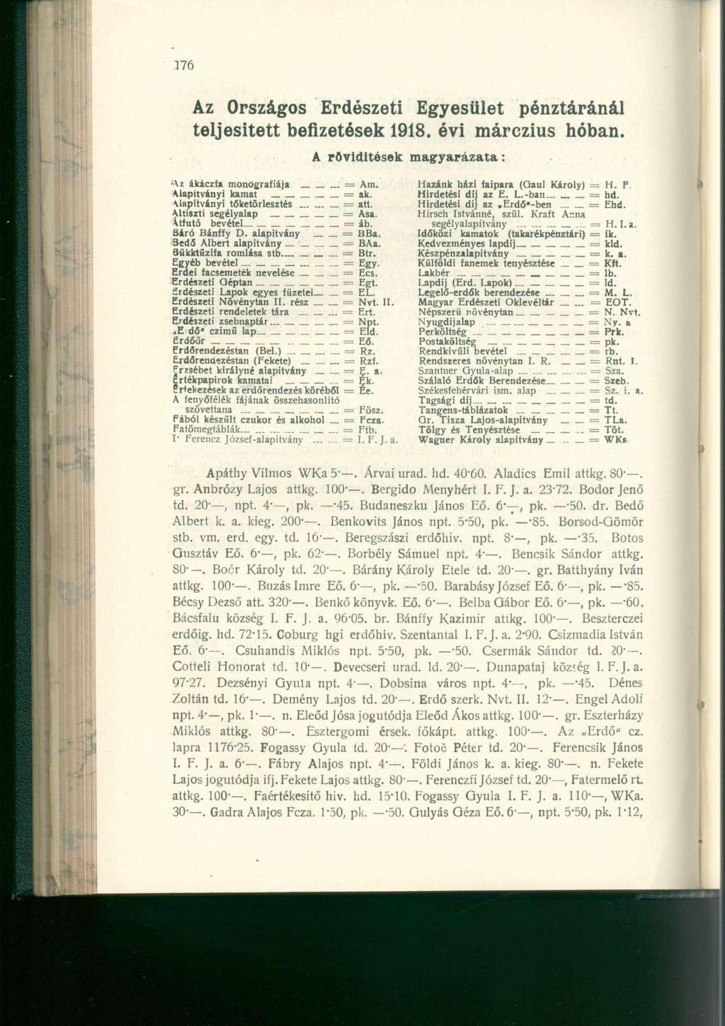 Az Országos Erdészeti Egyesület pénztáránál teljesített befizetések 1918. évi márczius hóban.