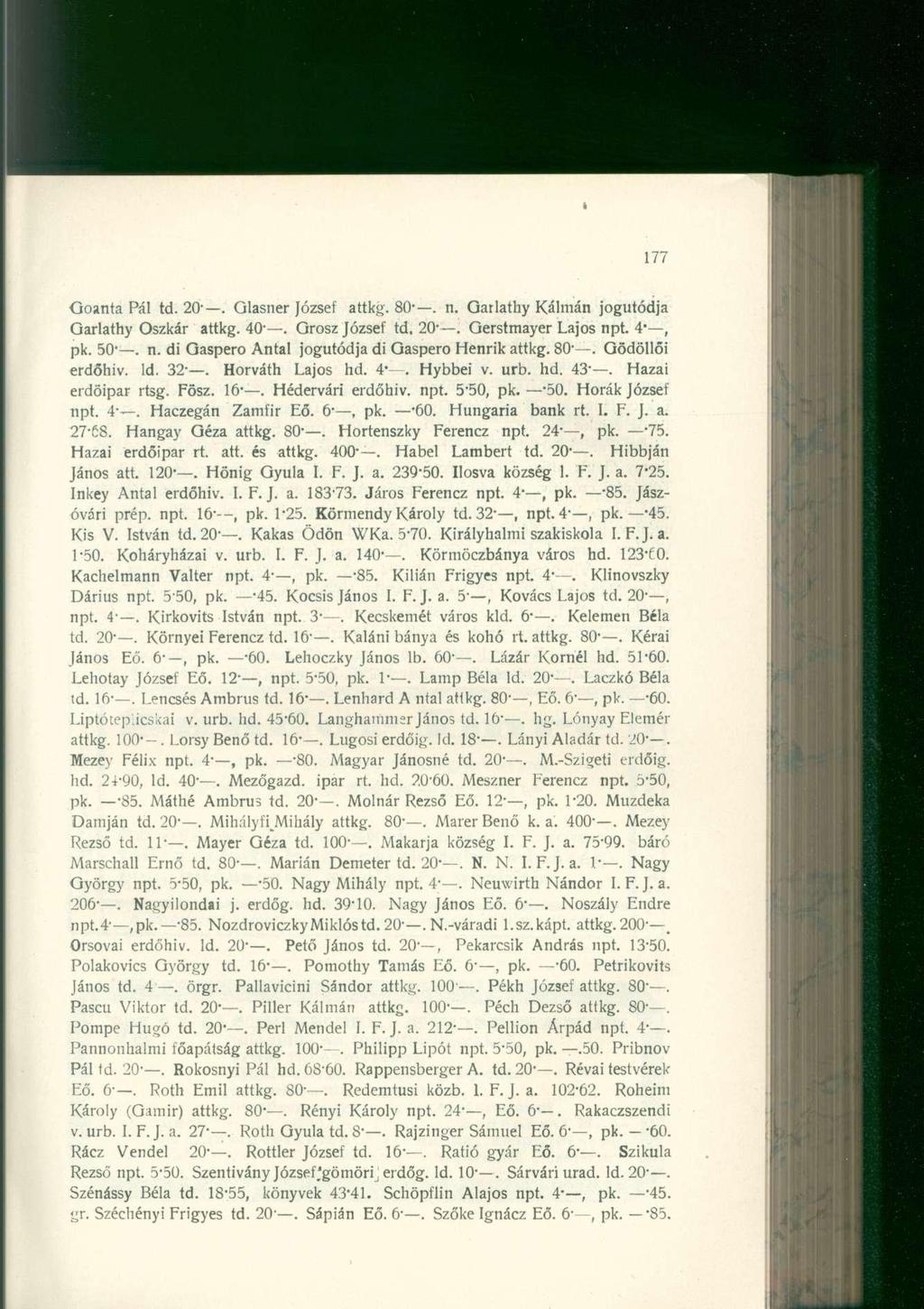 Goanta Pá l td. 20'. Glasne r Józse f attkg. 80'. n. Garlath y Kálmá n jogutódj a Garlathy Oszká r attkg. 40'. Gros z József td. 20'. Gerstmaye r Lajo s npt. 4 -, pk. 50'. n. di Gasper o Anta l jogutódj a d i Gaspero Henrik attkg.