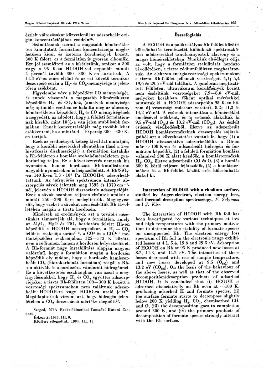 Magyar Kémiai Folyóirat 90. évi. 1931. 9. sz. Kiss J. és Solymosi F.