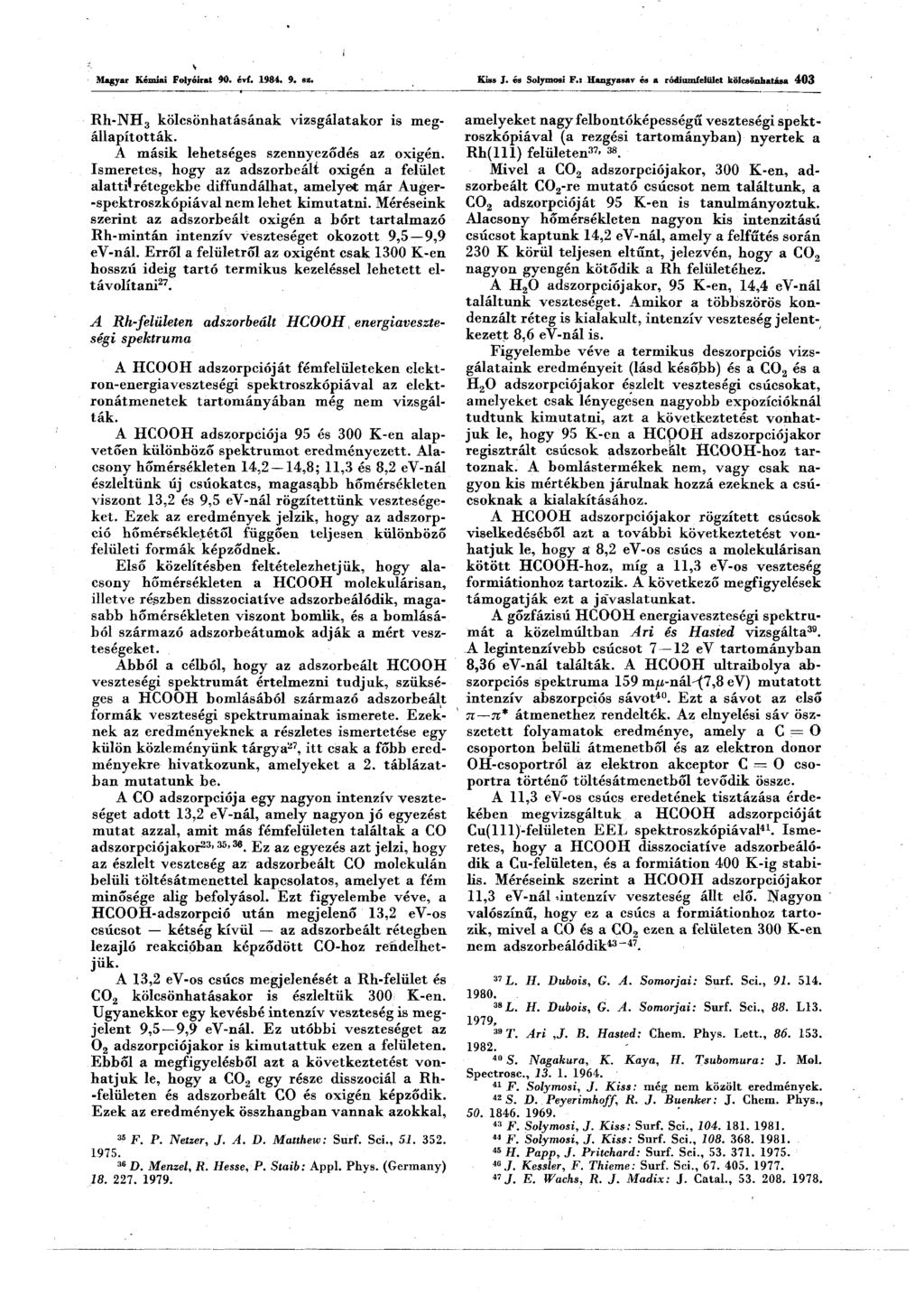 * Magyar Kémiai Folyóirat 90. éví. 1984. 9. sz. Kiss J. és Soiymosi F.s Hangyasav és a ródiumfeliilet kölcsönhatása 4 0 3 Rh-NH3 kölcsönhatásának vizsgálatakor is megállapították.