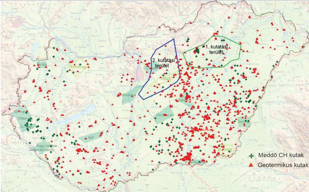 1. ábra: Magyarország hasznosítható meddő szénhidrogén-, és geotermikus kutjainak térkép a két kutatási területtel 3. GEOTERMIKUS VISZONYOK A BÜKK-ALJA TERÜLETÉN Az 1.