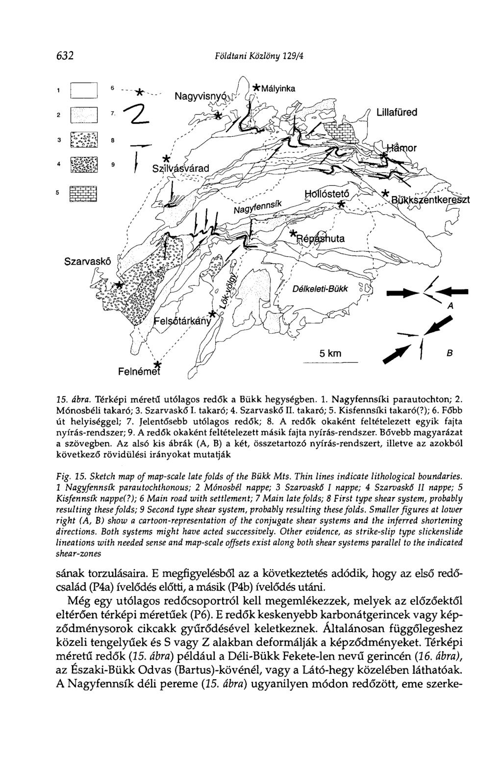 632 Földtani Közlöny 129/4 15. ábra. Térképi méretű utólagos redők a Bükk hegységben. 1. Nagyfennsíki parautochton; 2. Mónosbéli takaró; 3. Szarvaskő I. takaró; 4. Szarvaskő II. takaró; 5.