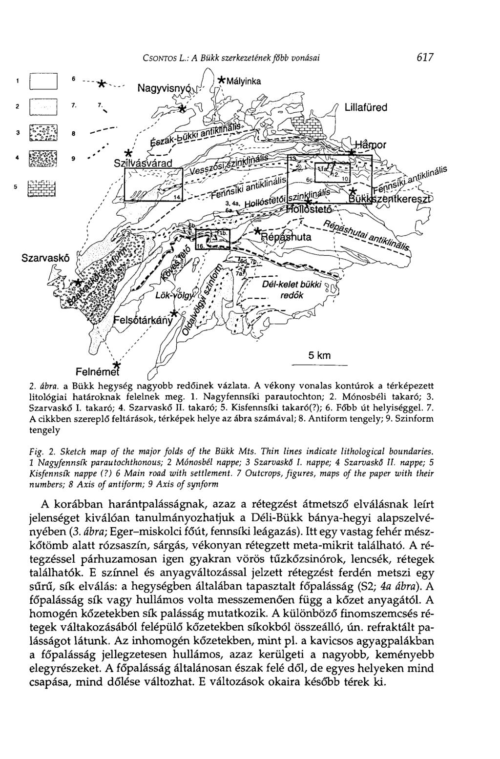 CSONTOS L.: A Bükk szerkezetének főbb vonásai 617 2. ábra. a Bükk hegység nagyobb redőinek vázlata. A vékony vonalas kontúrok a térképezett litológiai határoknak felelnek meg. 1.