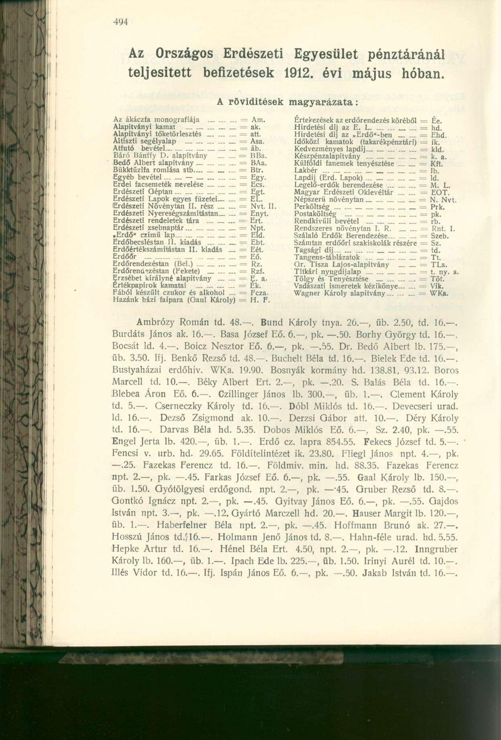 Az Országos Erdészeti Egyesület pénztáránál telj esitett befizetések 1912. évi május hóban. A rövidítések magyarázata: Az ákáczfa monográfiája = Am. Értekezések az erdőrendezés köréből = Ée.