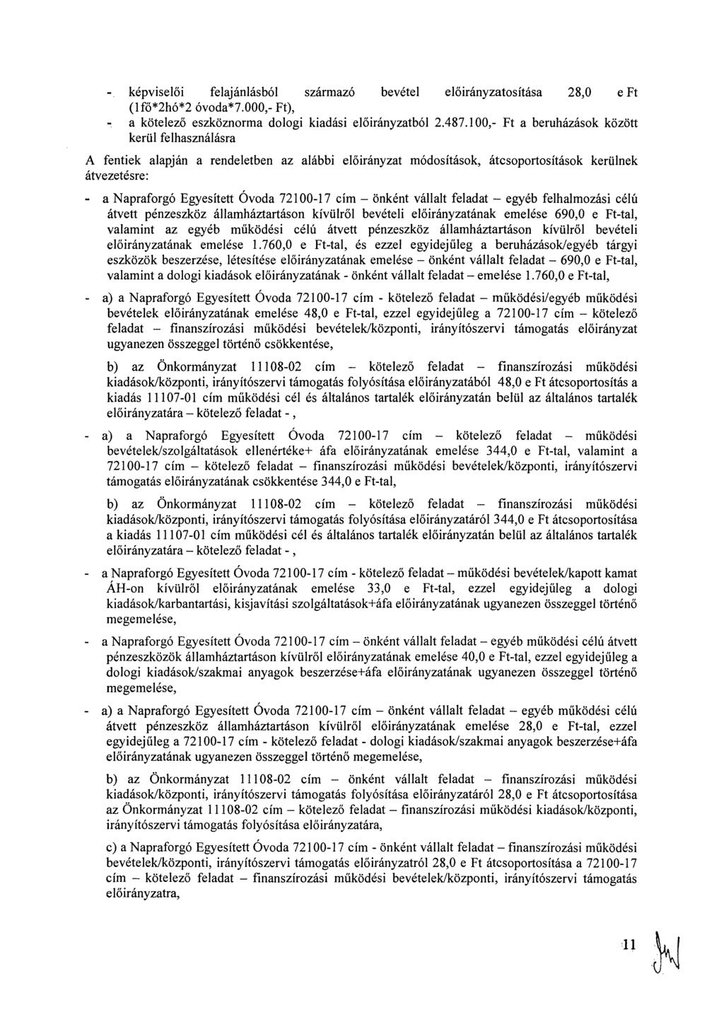 képviselői felajánlásból származó bevétel osítása 28,0 e Ft (1fő*2hó*2 óvoda*7.000,- Ft), a kötelező eszköznorma dologi kiadási ból 2.487.