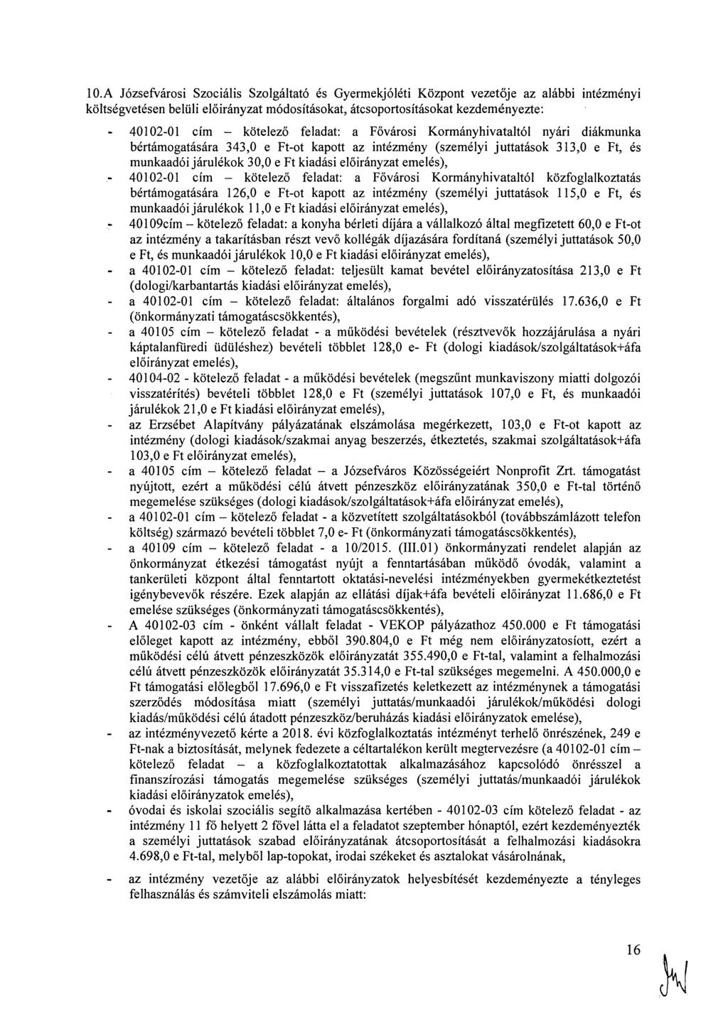 10.A Józsefvárosi Szociális Szolgáltató és Gyermekjóléti Központ vezetője az alábbi intézményi költségvetésen belüli okat, átcsoportosításokat kezdeményezte: 40102-01 cím kötelező feladat: a Fővárosi