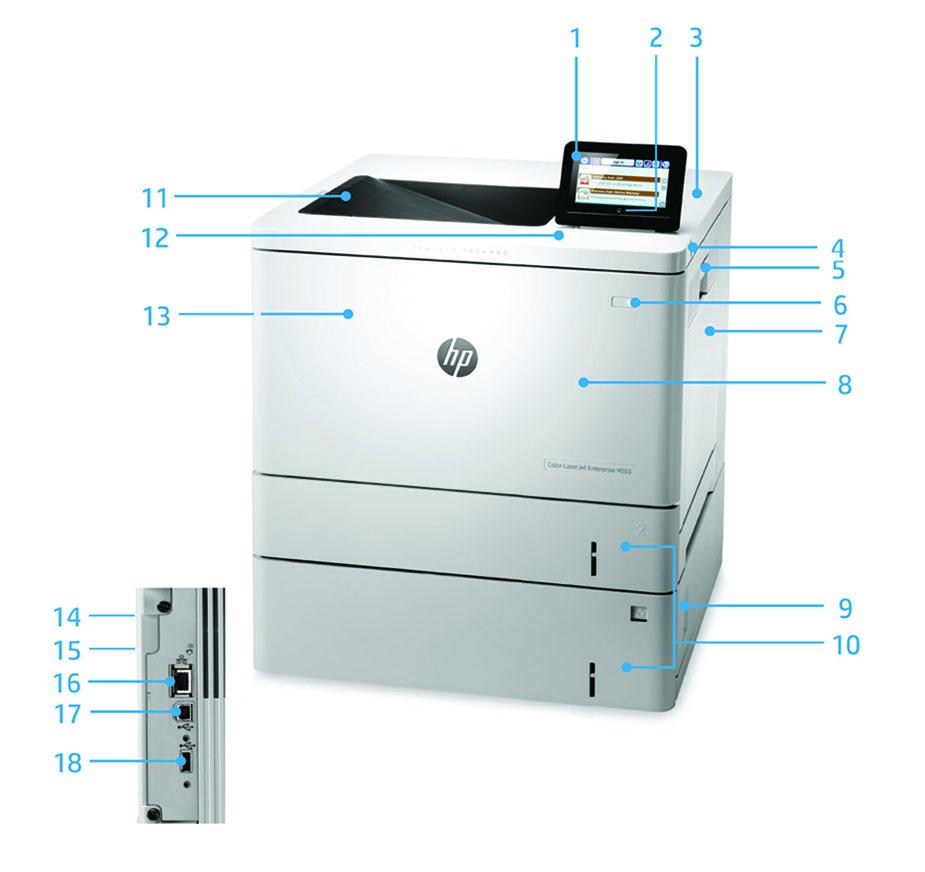 Adatlap HP Color LaserJet Enterprise M553 sorozat Terméknézetek A képen a látható: 1. Az intuitív 10,9 cm (4,3 hüvelyk) képátlójú színes VGA-kezelőpult felfelé dönthető a könnyebb használatért 2.