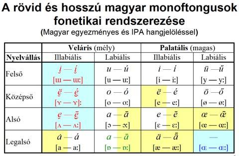 A rövid egyes magánhangzók (monoftongusok) fonetikai rendszere Felső Középső Alsó Legalsó Rövid orális magánhangzók Veláris Mediális