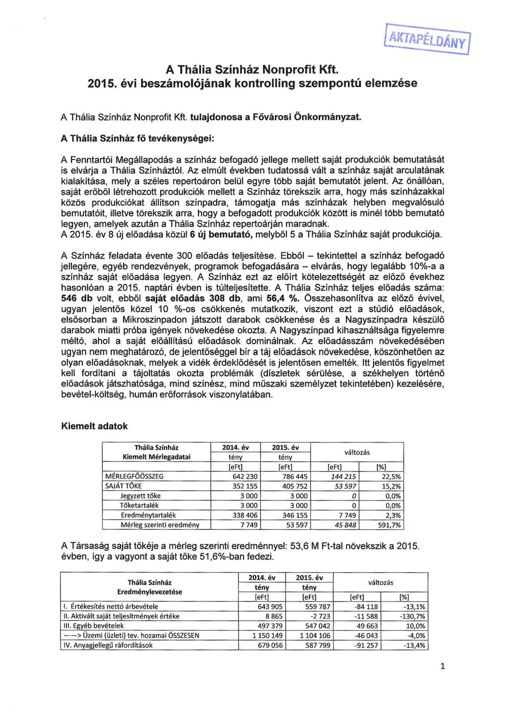 A Nonprofit Kft. 2015. évi beszámolójának kontrolling szempontú elemzése A Nonprofit Kft. tulajdonosa a Fővárosi Önkormányzat.