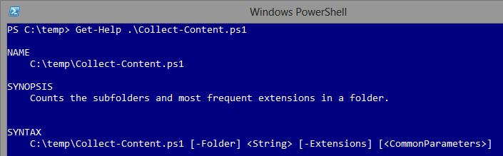 8. Fejkomment hozzáadása <#.SYNOPSIS Counts the subfolders and most frequent extensions in a folder.