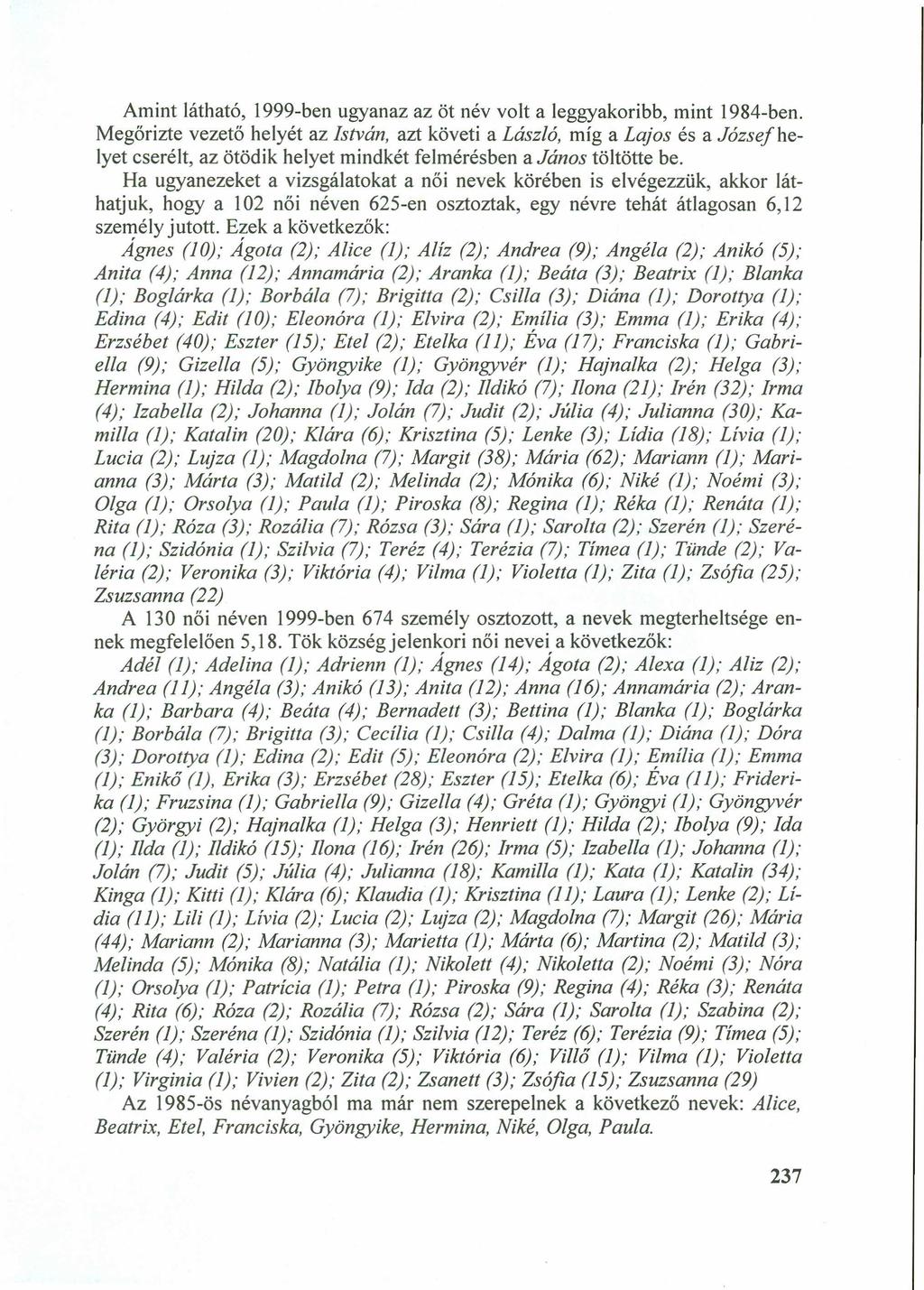 237zyxwvutsrqponm Amint látható, 1999-ben ugyanaz az öt név volt a leggyakoribb, mint 1984-ben.