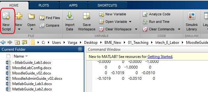 5. ábra: Új Matlab script létrehozása A létrehozott script-et mentsük el (Ctrl+S vagy Save ikon)!