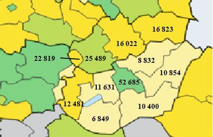 Slovakia is 55 percent of the one of Hungary). In Hungary, population density is 105 people/km, while in Slovakia, it is 111 people/km. Figure 3.