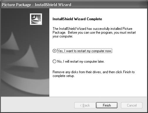 f Kliknite na [Install] na obrazovke Ready to Install the Program. Spustí sa inštalácia. g Skontrolujte začiarknutie políčka Yes, I want to restart my computer now a kliknite na [Finish].