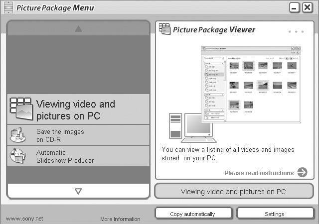 Používanie softvéru Picture Package Spustite Picture Package Menu na pracovnej ploche pre využívanie rôznych funkcií. Obrazovka sa môže odlišovať v závislosti od Vášho počítača.